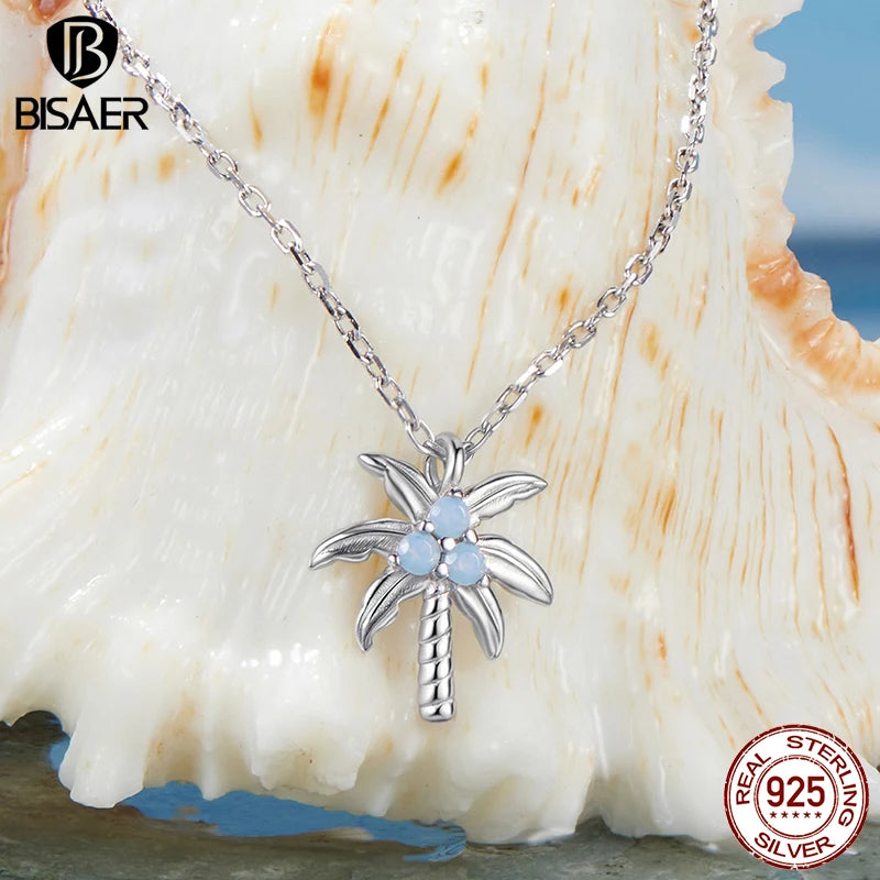 Collier BISAER en argent sterling 925, plaqué or blanc, avec pendentif cocotier et opale. Bijou de mariage raffiné pour femme (ECN537).