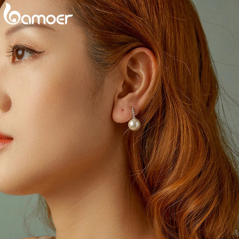 BAMOER Pearl Earrings for Women 925 Sterling Silver Hypoallergenic Pearl Earrings Dangle Earrings Elegant Jewelry BSE1077
