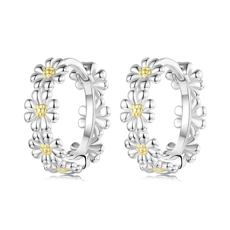 BISAER 925 Sterling Silver Daisy Hoop Earrings Two-tones  Minimalist Earrings 14K Gold Plated for OL Women Party Fine Jewelry