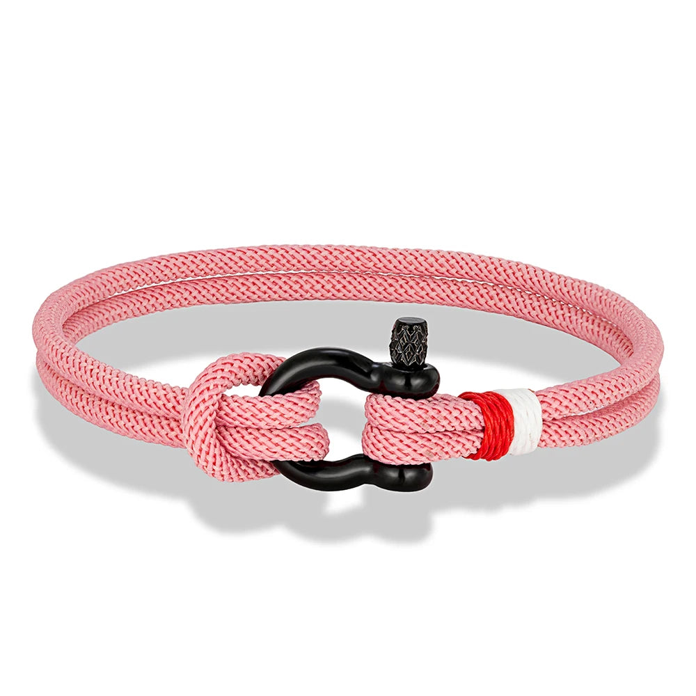 MKENDN Schwarzes Armband aus Edelstahl mit Hufeisenschnalle für Männer und Frauen, marineblaues Überlebensarmband aus geflochtenem Seil, Paarschmuck