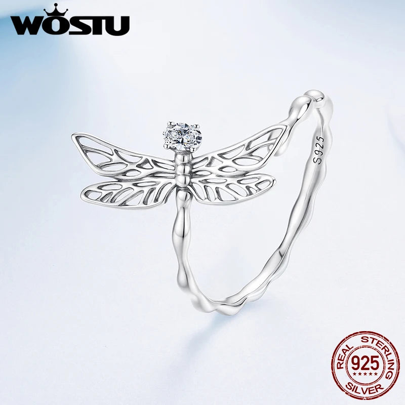 WOSTU 925 Sterling Sliver Dragonfly Open Ring For Women , Hollow Out Shiny CZ Insect Animal Adjustable Rings Daily Party Gift
