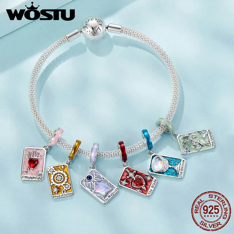 WOSTU 925 Sterling Silver Colorful Tarot Cards Charm Pendent Magic Star Moon Sun Lover Bead Fit DIY Bracelet Necklace Women Gift
