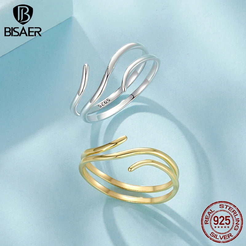 BISAER 925 Sterling Silver Multi-layered Open Ring Minimalist Statement Band Plated 18K Gold Adjustable for Women Fine Jewelry