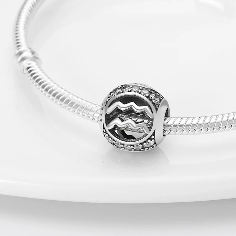 925 Silver Plate 12 Constellation Round Zircon Charms Beads Fit Pan 925 Original Bracelets Fine DIY Birthday Jewelry Gifts