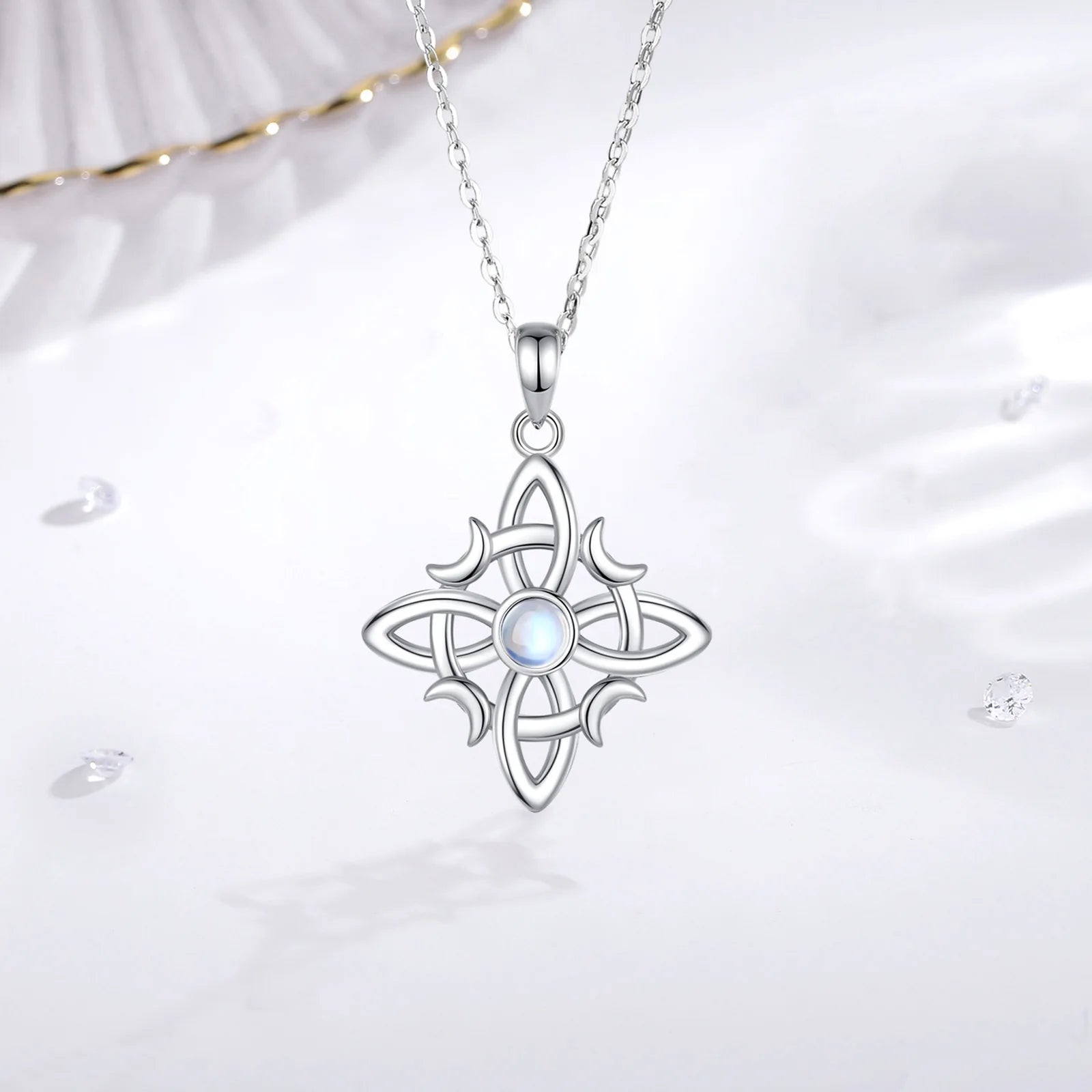 Eudora 925 Sterling Silver Witches Knot Necklace & Bracelet Moonstone Wicca Amulet Jewelry Set Fine Gift for Women Girl