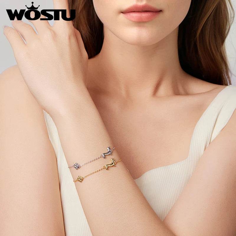WOSTU 925 Sterling Silver Dachshund Pendant Necklace 18K Gold Pet Paw Chain Link Dog Charm bracelets Earrings Ring For Pet Lover