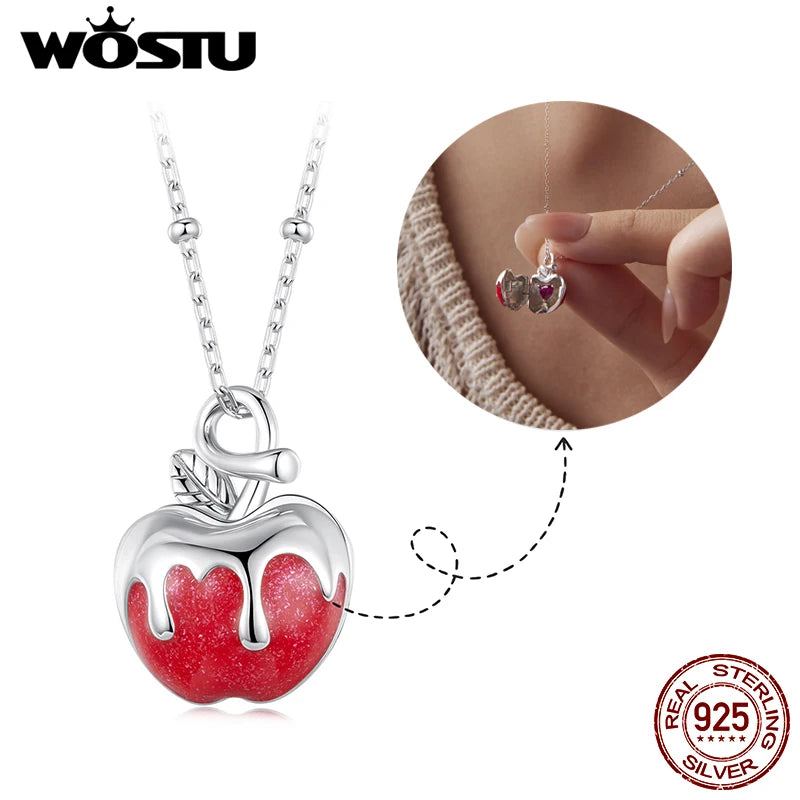 WOSTU 925 Sterling Silver Red Apple Pendant Necklace For Women,Openable Pendants with Heart Inside Unique Xams Jewelry Gift
