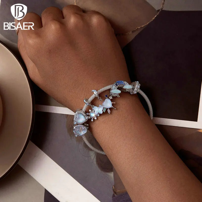 BISAER 925 Sterling Silver Kingdom Snowflake Charm Bead Ice Flower Pendant Plaqué Platine Fit Femmes DIY Bracelet Fine Jewelry