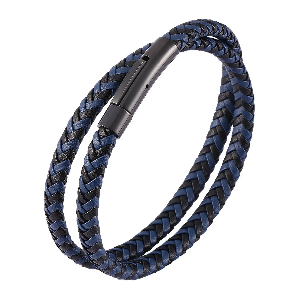 MKENDN Classic Black Stainless Steel Black Blue Braided Leather Bracelet Men Women Handmade Woven Double-Layer Jewelry Gift