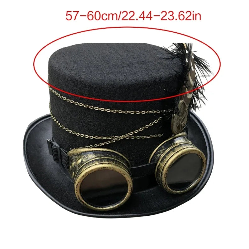 Steampunk Top Hat Wool Felt Victorian Hat with Goggles & Feather Unisex Costume Top Gothic Hippies Cosplay Props