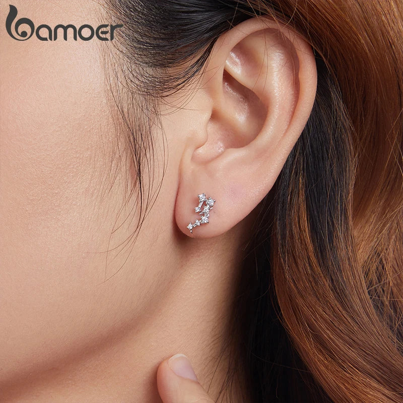 BAMOER 2025 NEW 925 Sterling Silver Zodiac Sign Earring Studs, Classic Constellation White Gold Plated Birthday Gift for Women