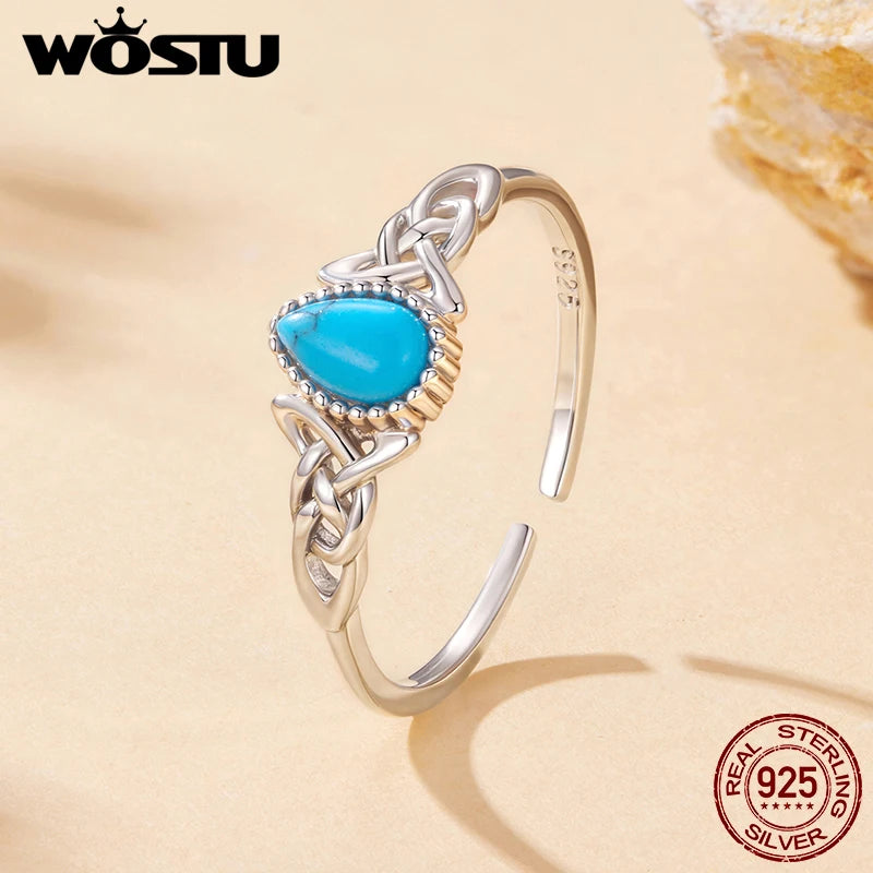 WOSTU Damenring aus 925er Sterlingsilber mit keltischem Knotenmuster und Türkis, langlebiger, verstellbarer Solitärring, perfektes Geschenk für Sie