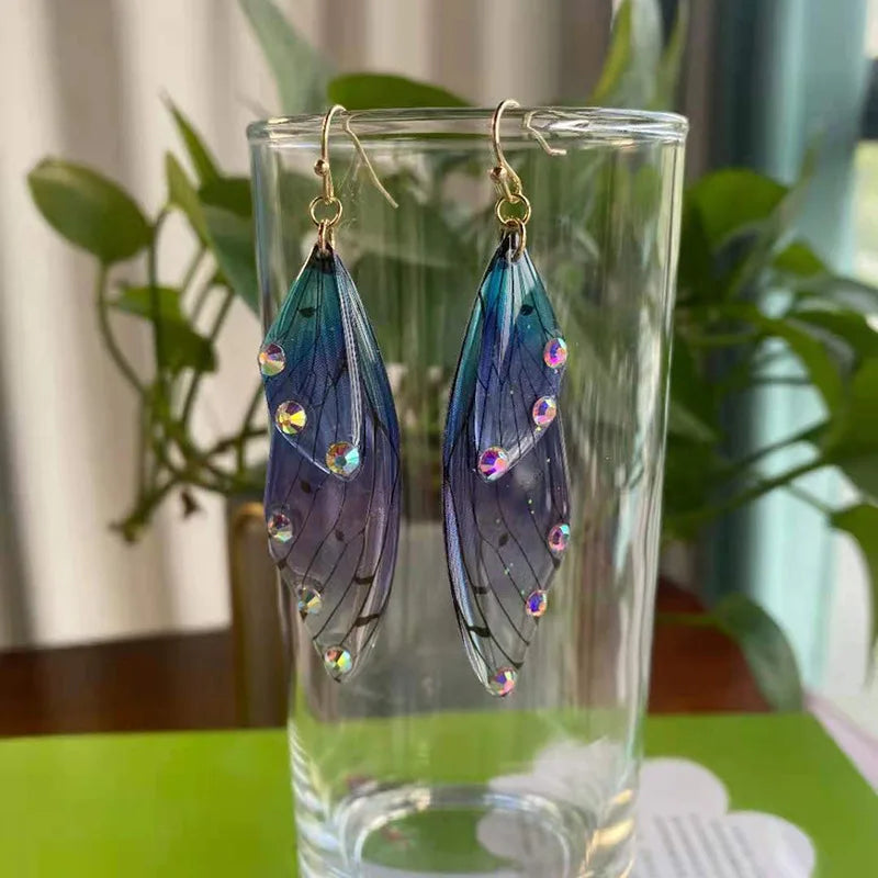 Minar Fairy Clear Gradient Resin Simulation Wings Butterfly Rhinestone Flake Long Dangle Earrings for Women Casual Party Jewelry