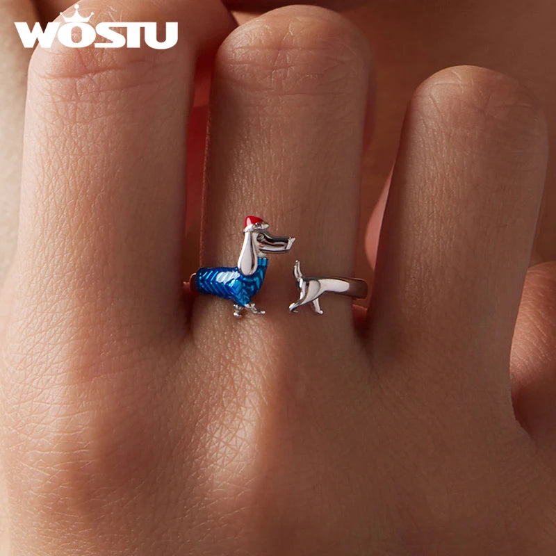 WOSTU 925 Sterling Silver Dachshund Dog Open Ring With Christmas Hat, 925 Sterling Silver Pet Animal Unique Xmas Gift For Her