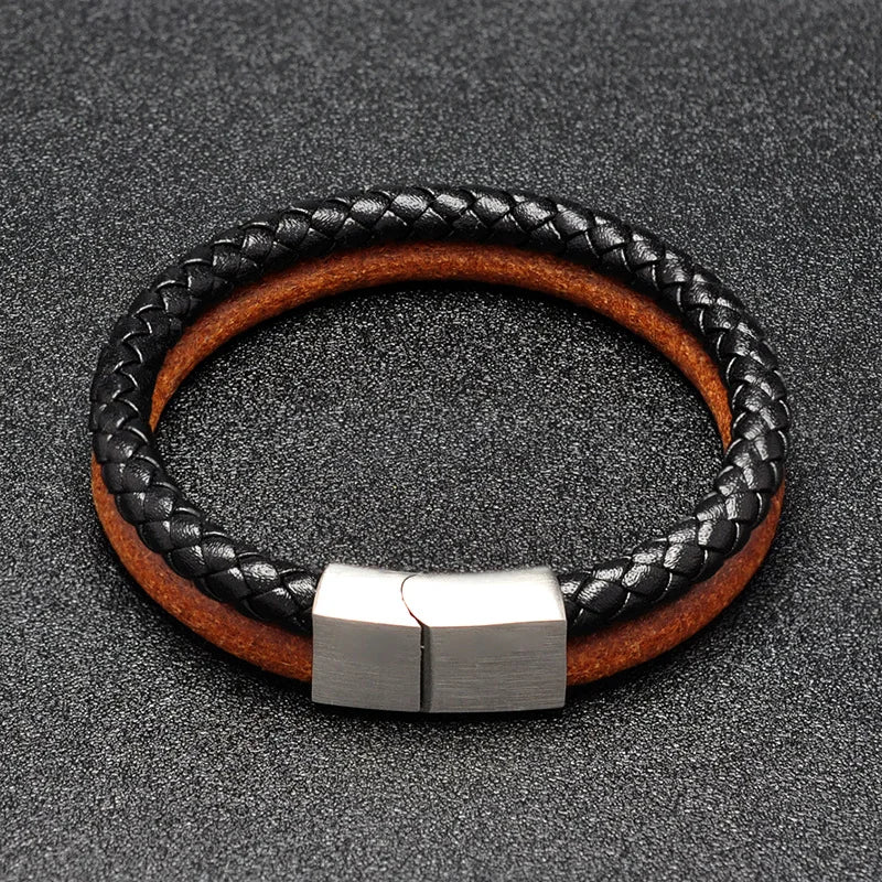 MKENDN Doppelsträngiges Original-Rindslederarmband mit gewebtem Leder, Edelstahl-Magnetschnalle, Zubehör, handgefertigte Geschenke