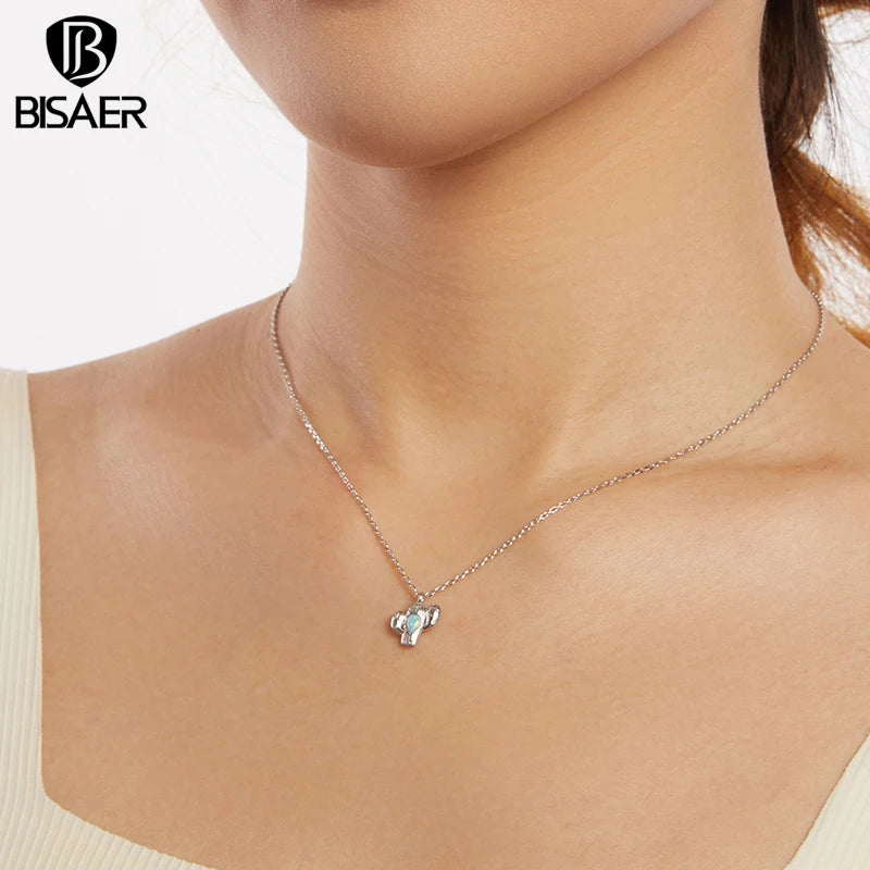 BISAER 925 Sterling Silver Cactus Pendant Necklace Water-drop Opal Chain Plated White Gold For Women Party Fine Jewelry ECN536