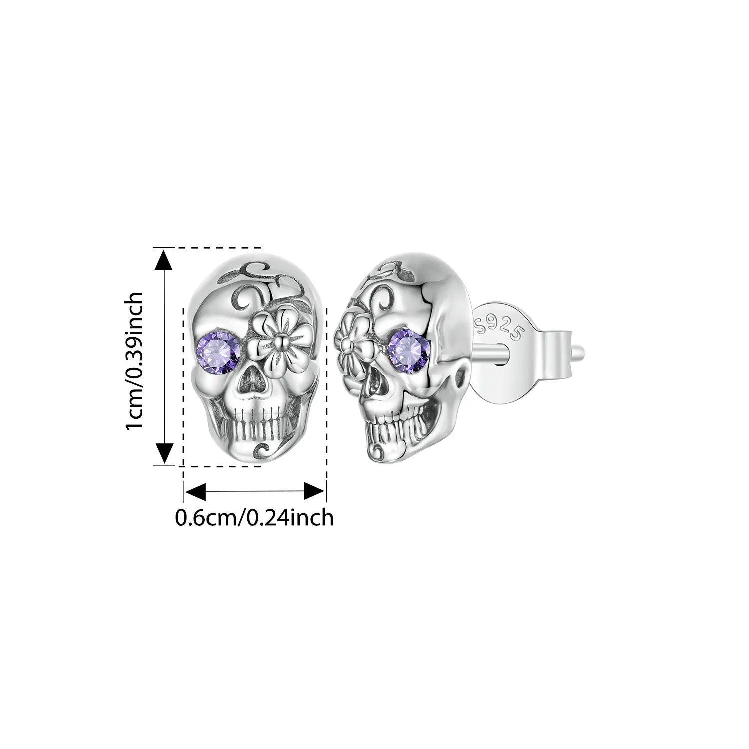 BISAER 925 Sterling Silver Skull Stud Earrings, Purple Zircon Earring Hypoallergenic for Women Party Fine Jewelry Halloween Gift