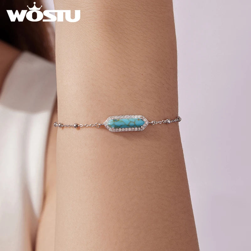 WOSTU Real 925 Sterling Silver Minimalist Rectangle Turquoise Bracelet For Women, Geometric Party Bracelet Fine Jewelry Gift