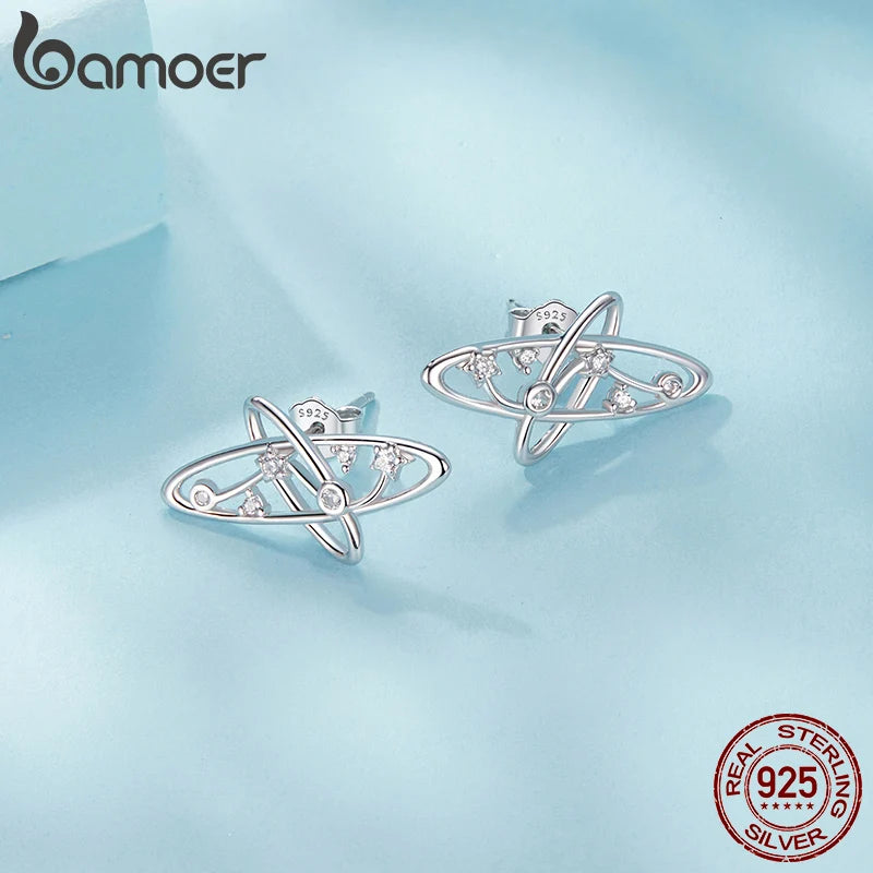 BAMOER Authentische Ohrstecker aus 925er Sterlingsilber mit Milchstraße, weißvergoldet, hypoallergen, planetenförmig, CZ-Ohrstecker, schickes Schmuckstück