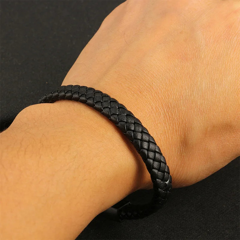 MKENDN Simple Style Men's Black Genuine Leather Bracelet Classic Stainless Steel Insert Braid Bangles For Men Friend Gift