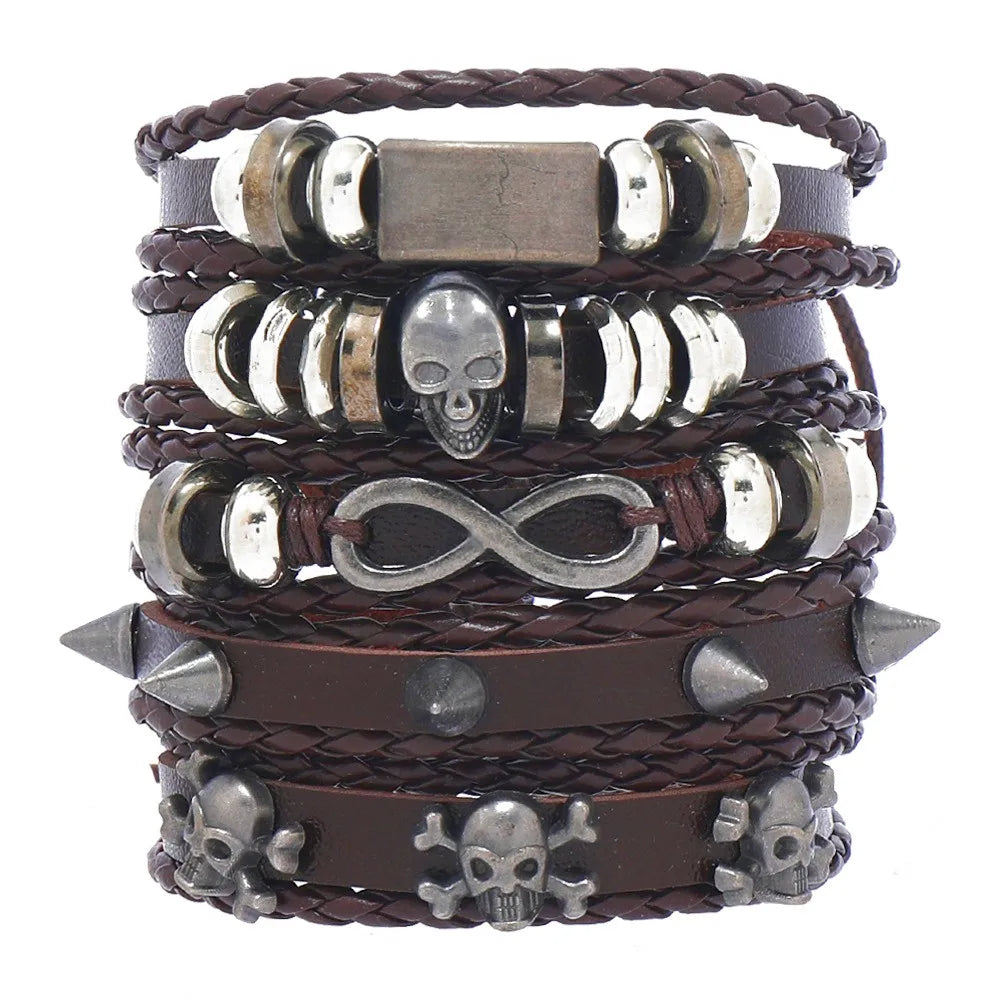 Fashion Black Skull Multi-layer Beaded Hand Leather Bracelet for Men Set Adjustable DIY Leather Winding Hand Rope