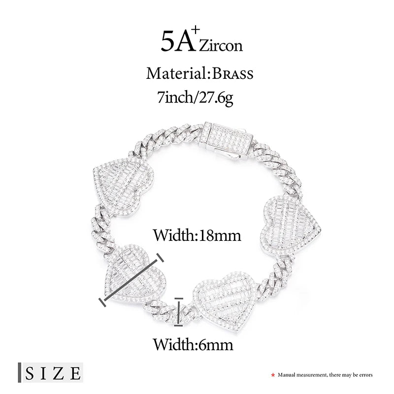 Bracelet de luxe TUHE Full Heart, en argent 925, fine chaîne cubaine de 6 mm, pour homme, style hip-hop.