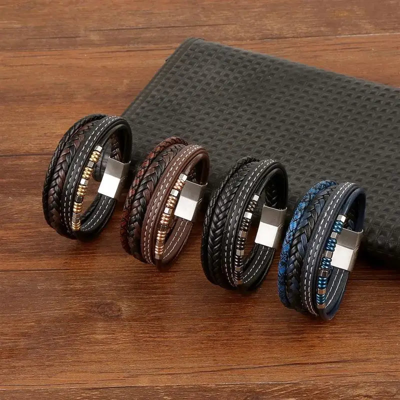 Jiayiqi New Design Punk Leather Bracelet Men Fashion Beaded Multi-Layer Leather Bracelet For Men New Year Jewelry Gift