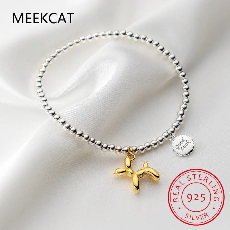 Genuine 925 Sterling Silver Minimalist 3mm Beads Animal Balloon Dog Elastic Bracelet For Women Wedding Jewelry DA2609