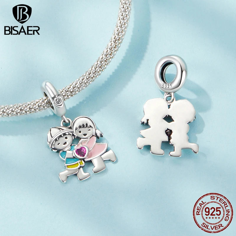 BISAER 925 Sterling Silver Family Charm Bead Boy & Girl Heart Zircon Pendant For Women Girl DIY Bracelet & Necklace Fine Jewelry