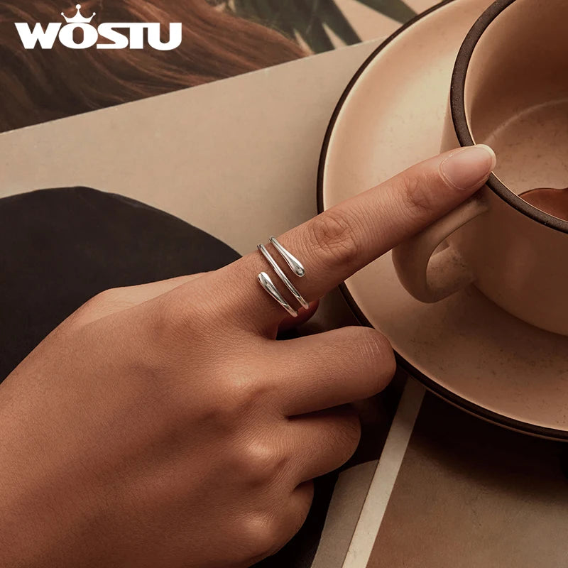 WOSTU 925 Sterling Silver Multi-layer Metal Water Drop Open Ring For Women Euro Simple Ins Jewelry Stackable Party Rings Gift