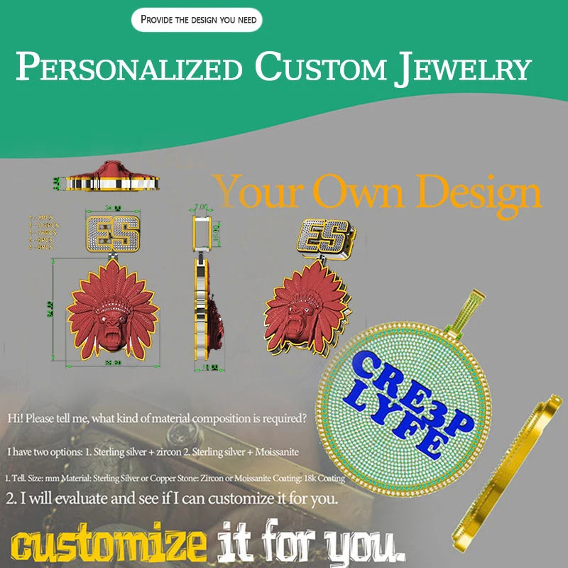 Private Custom Made Your Own Design Pendant Hip Hop Jewelry For Men Women 925 Sterling Silver With Moissanite Custom