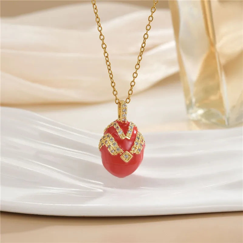 Fashion Easter Egg Enamel Zircon Pendant Necklace Stainless Steel Chains Geometric Choker Jewelry Gifts For Women Girls