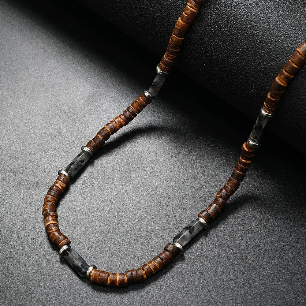 Vintage Bohemian Summer Jewelry Ethnic Style Jewelry Brown Coconut Shell Wood Beads Natural Stone Necklace Men's Jewelry