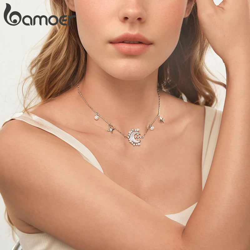 BAMOER White Gold Plated Crescent Moon Necklace with Pearl, High Quality Statement necklace for Women Unique Design Jewelry