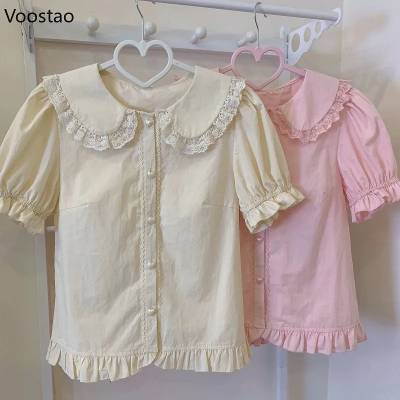 Japanese Kawaii Lolita Shirts Women Sweet Puff Short Sleeve Lace Ruffles Slim Blouses Girls Cute Y2k Clothes Tops Blusas Mujer