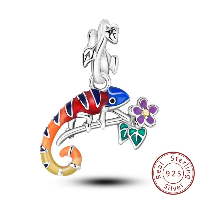 925 Sterling Silver Color Forest Chameleon Charm Pendant Beads Fit Charm Bracelet Original for Women DIY Jewelry Making