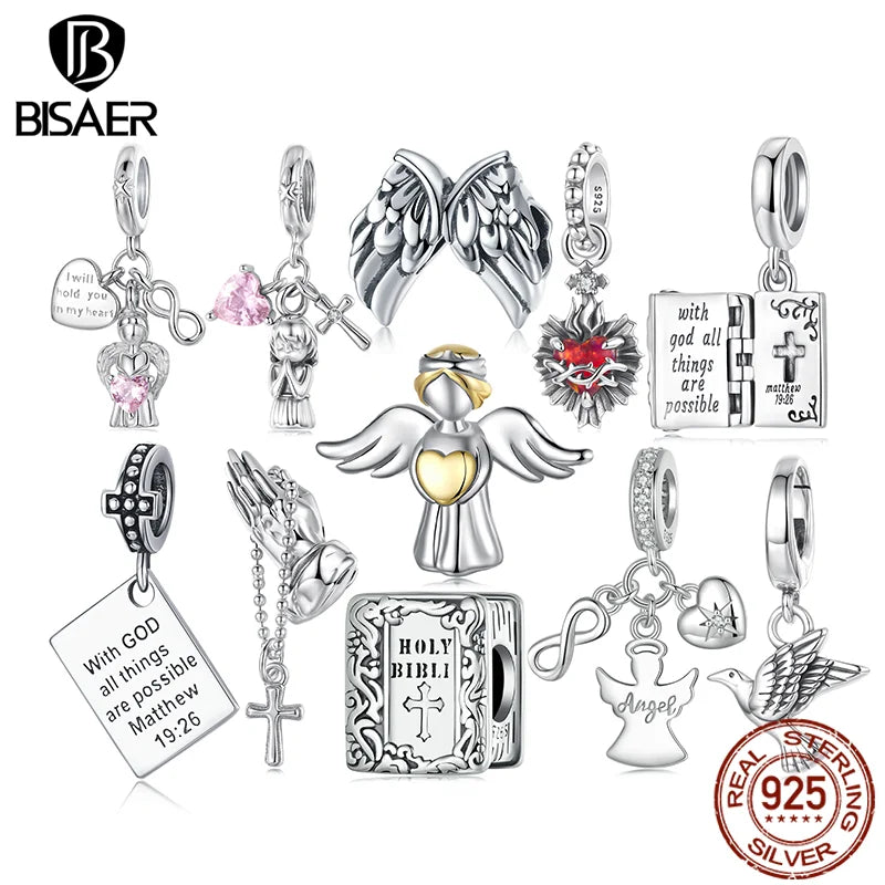 BISAER 925 Sterling Silver Guardian Angel Love Pendant Bible Sacred Heart Charm for Faith Men Women DIY Bracelet Fine Jewelry