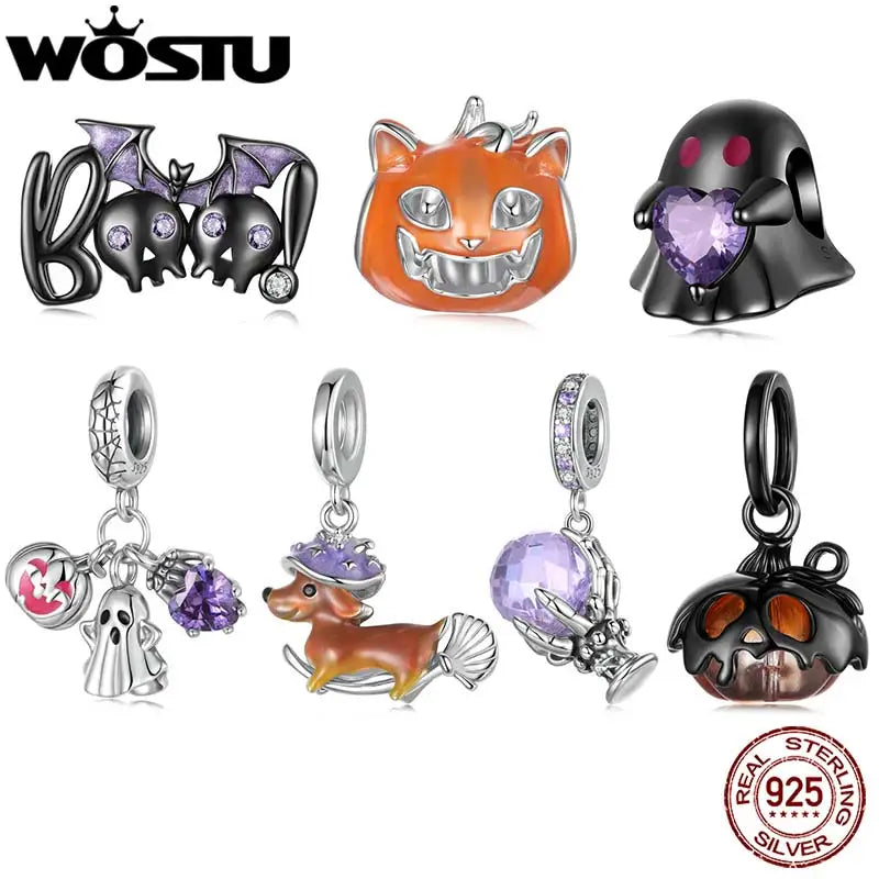 WOSTU Original Halloween Charm Series , 925 Sterling Silver Halloween Pumpkin Black Ghost Bead