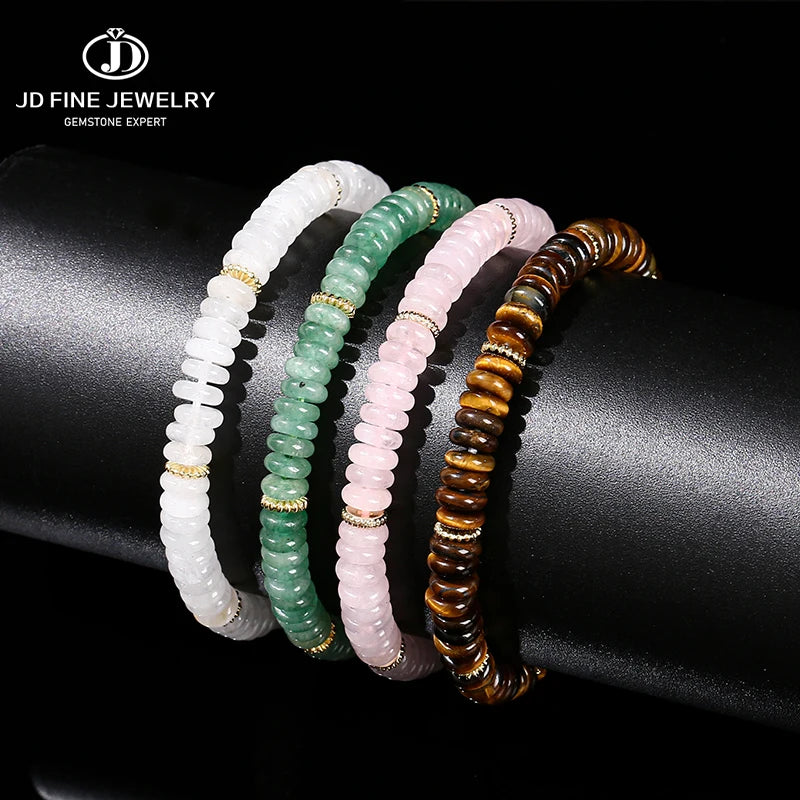 JD Natural Stone Green Aventurine Pink Quartz Flat Spacer Beads Bracelet Women Men Bohe Elastic Bangles Healing Friendship Gift