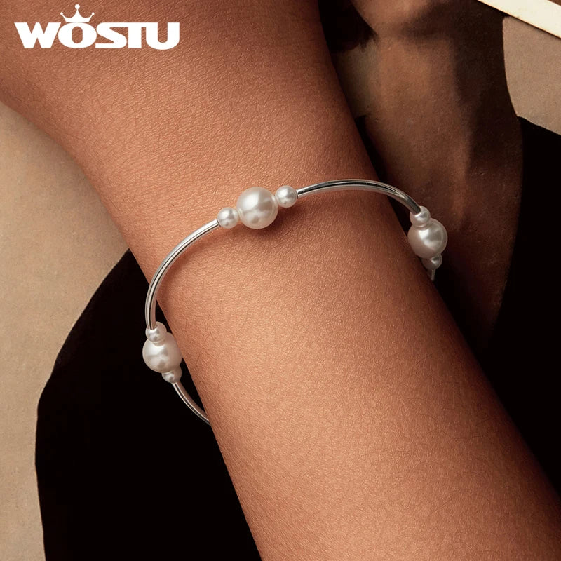 WOSTU 925 Sterling Silver Pearl Bracelet For Women Wedding Jewelry Accessories Stretchable Bangle Bracelets Mom's Gif 2025 New