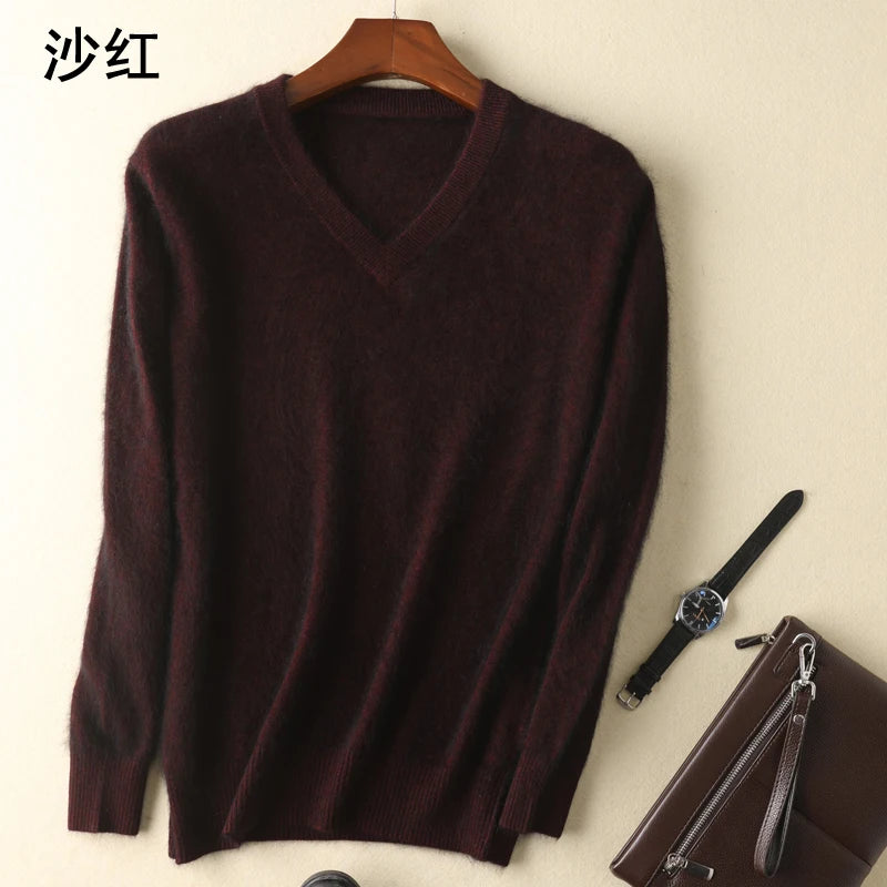 LHZSYY Men's 100% Mink Cashmere Large Size Sweaters Autumn Winter Solid V-neck Casual Knit Pullovers Men Long Sleeve Warm Jumper - Madeinsea©