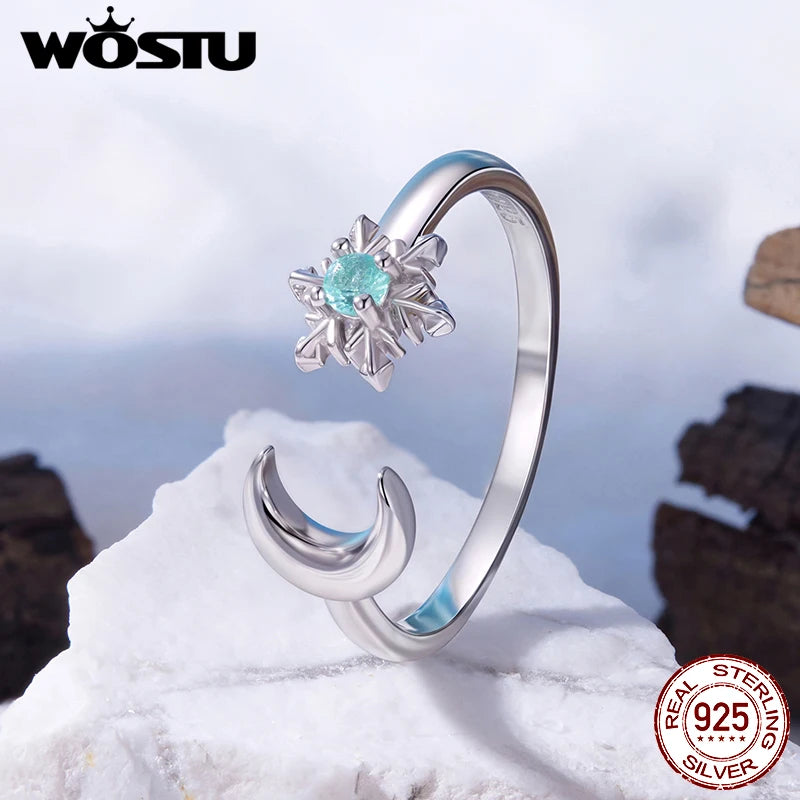 WOSTU 925 Sterling Silver Snowflake & Moon Ring for Women, Icy Blue Crystal Zircon Open Rings Winter Xmas Jewelry Party Gift