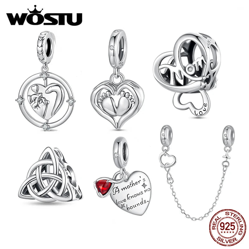 WOSTU Mother Day Gift 925 Sterling Silver Baby Foot Charm Letter Mom Love Beads Red Heart Pendant Fit DIY Bracelet Necklace
