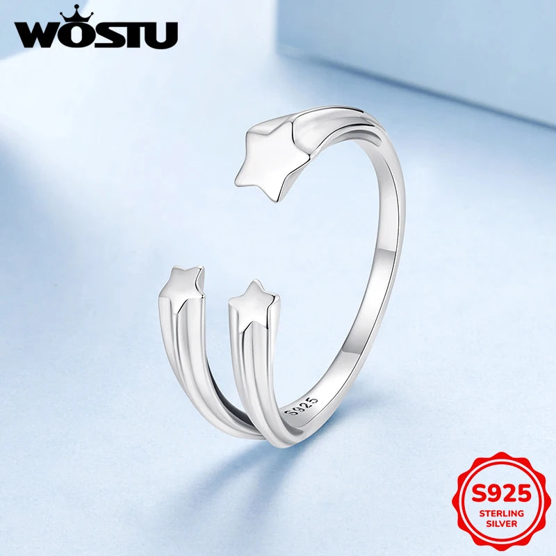 WOSTU 925 Sterling Silver Metal Three Heart Star Open Ring For Women Wedding Party Simple Ins Style Stackable Rings Girl Gift