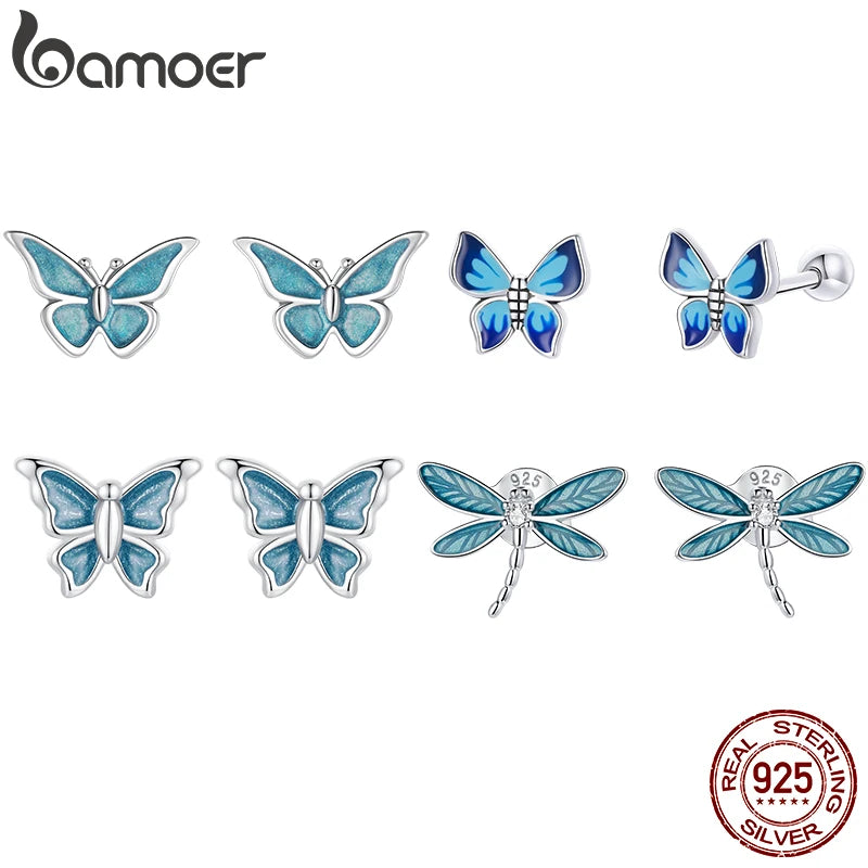 BAMOER 925 Sterling Silver Cute Butterfly Stud Earrings Blue Enamel Insect Earrings for Women Teens Young Lively Jewelry Gift