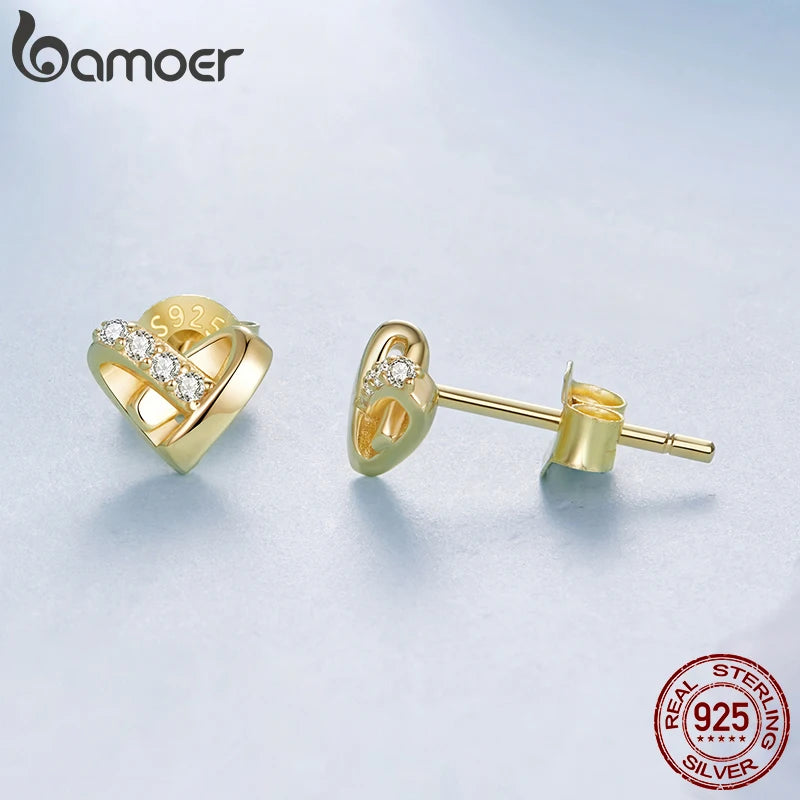 BAMOER 925 Sterling Silber Mini Gold Herz Ohrstecker mit Zirkonia-Besatz, hypoallergen, für Damen, zeitloses Schmuckgeschenk