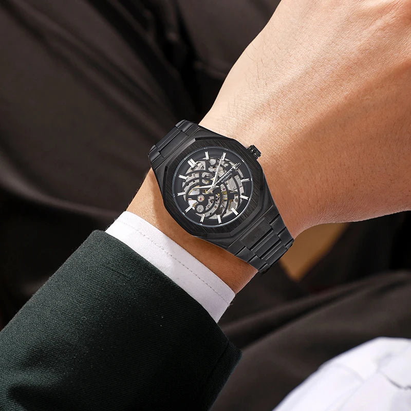 LONGLUX automatic watch business mechanical watches simple skeleton waterproof stainless steel cost effective mens watch gift