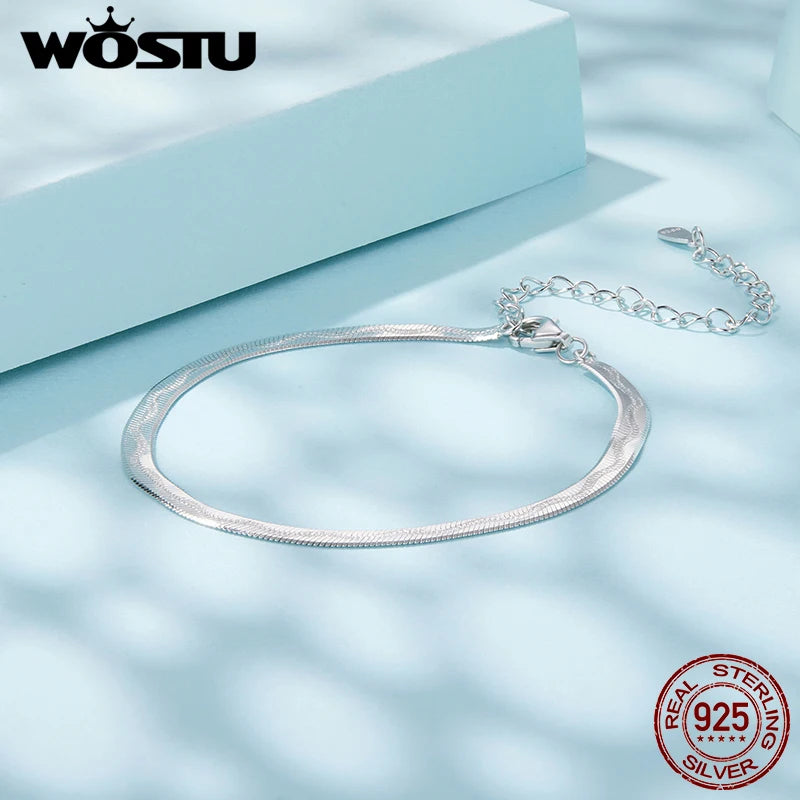 WOSTU 925 Sterling Silver 3MM Flat Snake Chain Bracelet For Women , Cuban Chain Stacked Chain Links For Women Punk Jewelry Gift