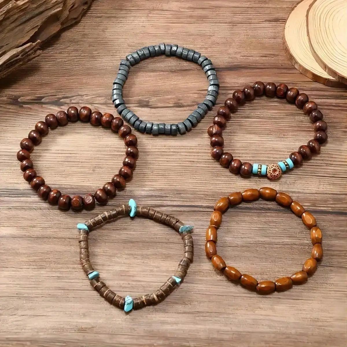 5pcs/set Natural Stone, Wood Beads Beaded Bracelet, Men's Chinese Style Charm Bracelet