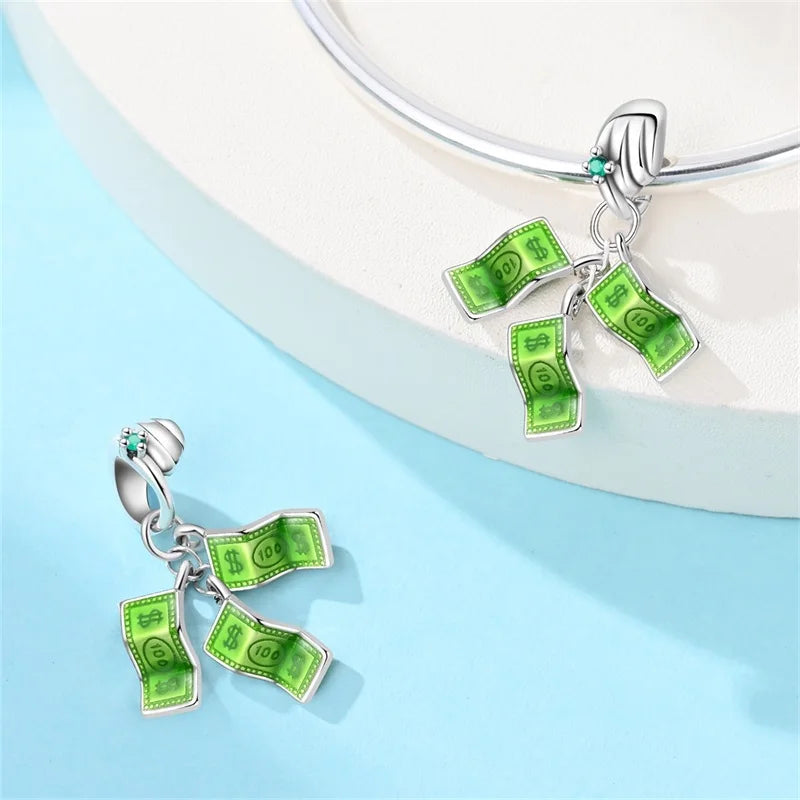 925 Sterling Silver US Dollar Wealth Freedom Rich Money Bag Pendants Charms Beads Fit Original Bracelets DIY Jewelry
